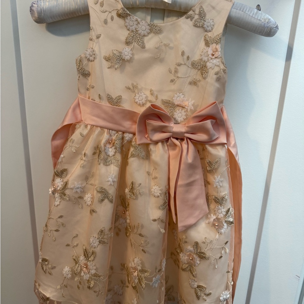 Floral Embroidered Kids Dress with Peach Bow